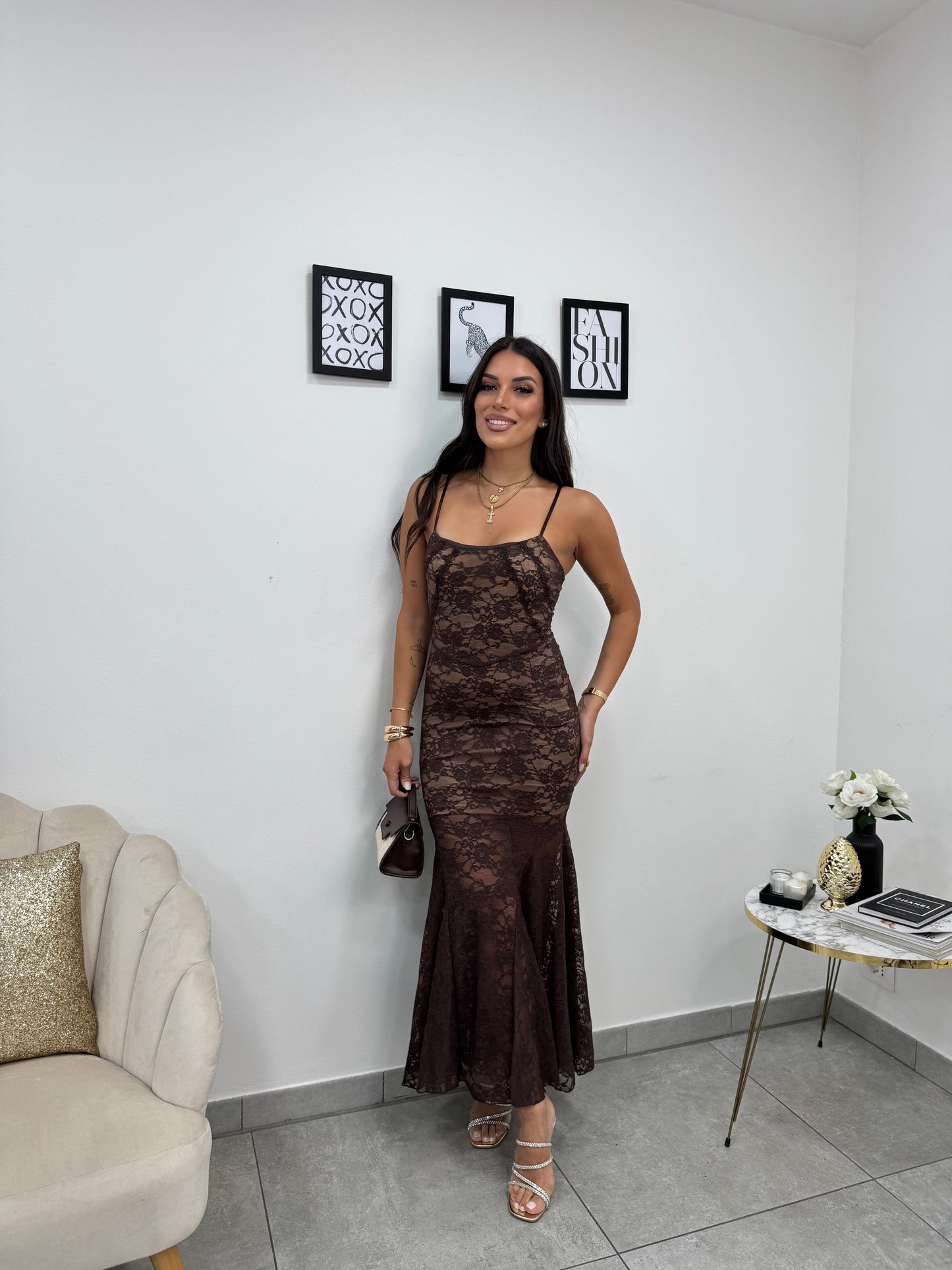 Abito Lungo Pizzo Marrone