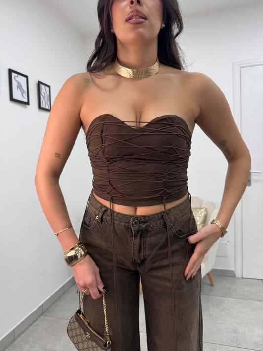 Crop Top Stringato Marrone