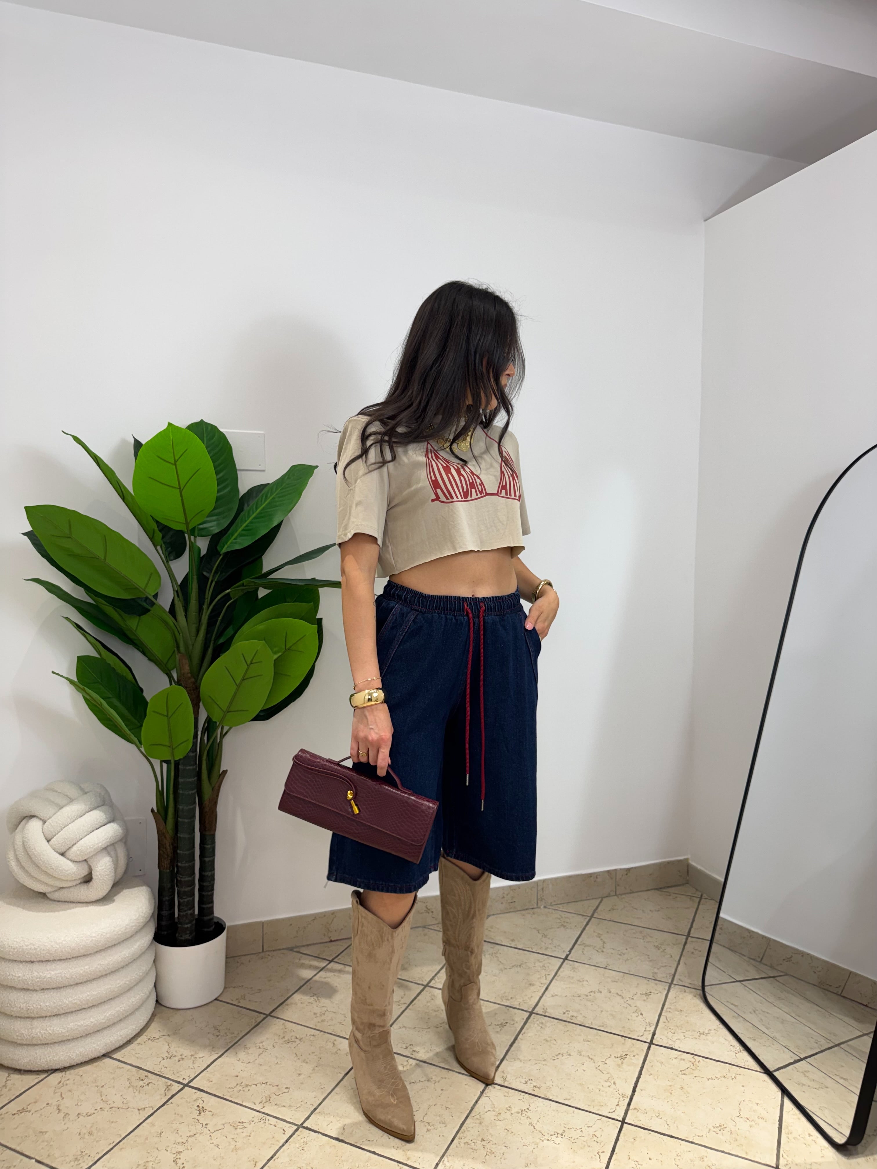 T-shirt Crop AirBag Beige/Rossa