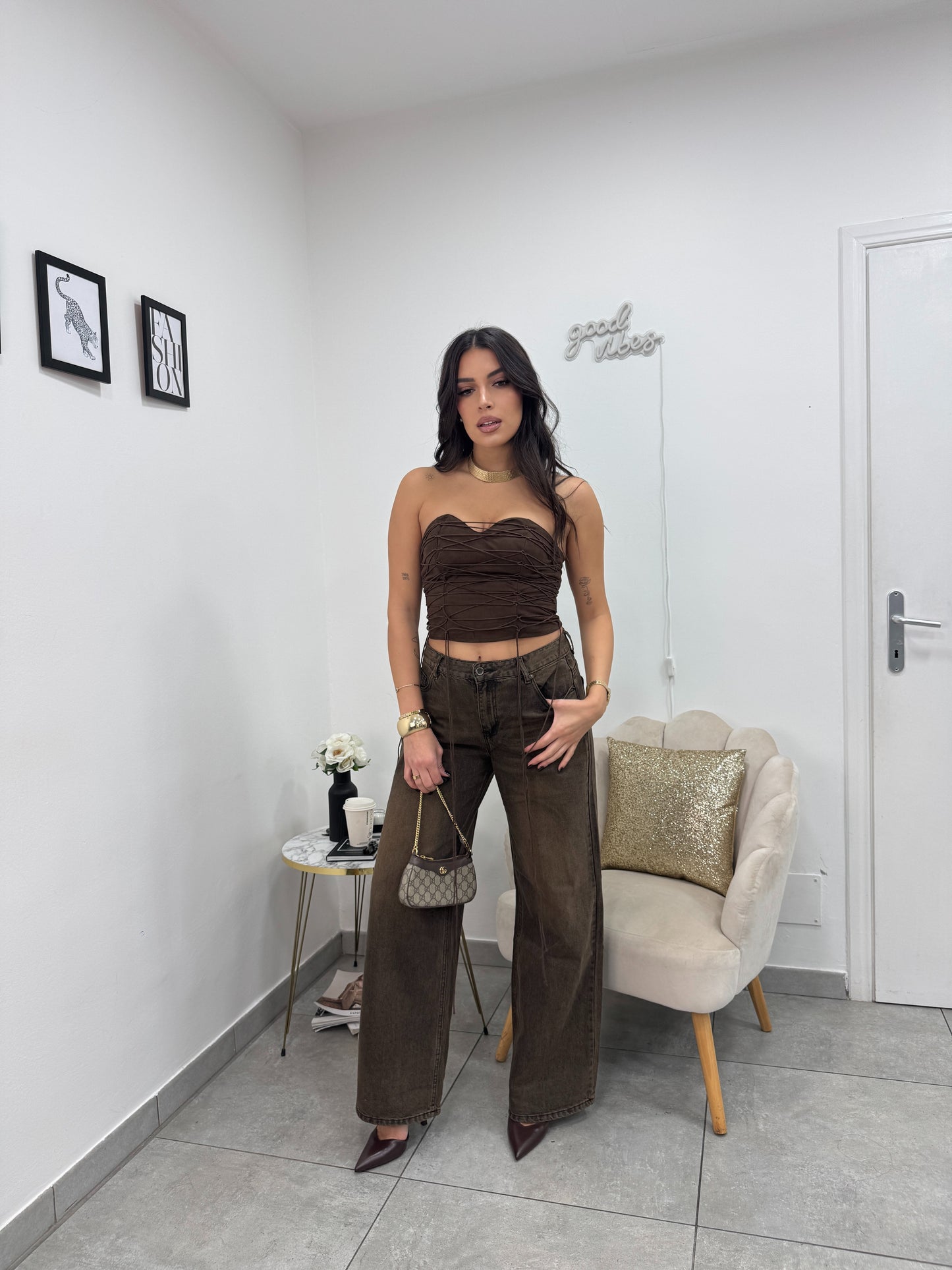 Crop Top Stringato Marrone
