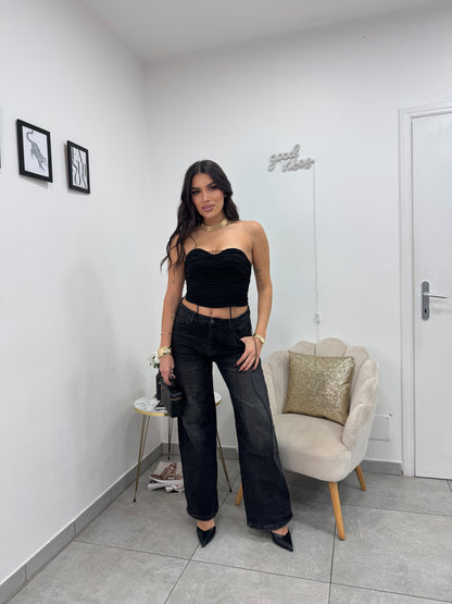 Crop Top Stringato Nero