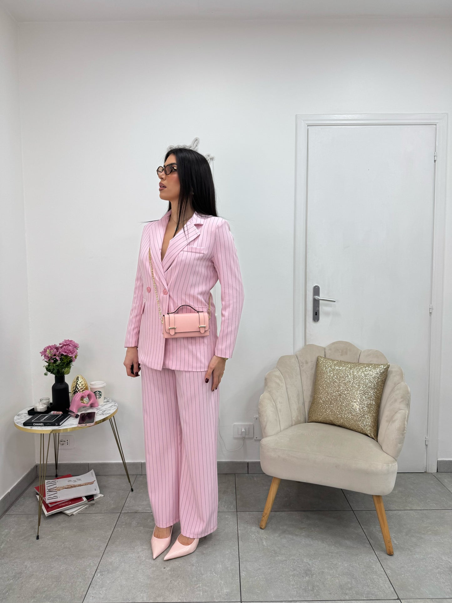 Giacca Gessata Doppiopetto Rosa