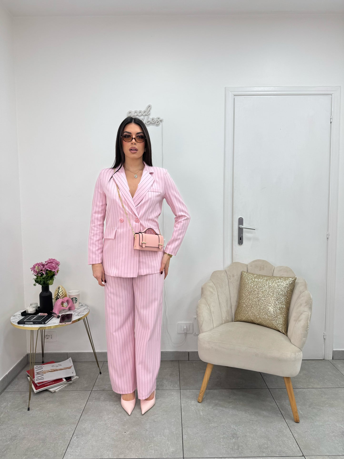 Giacca Gessata Doppiopetto Rosa