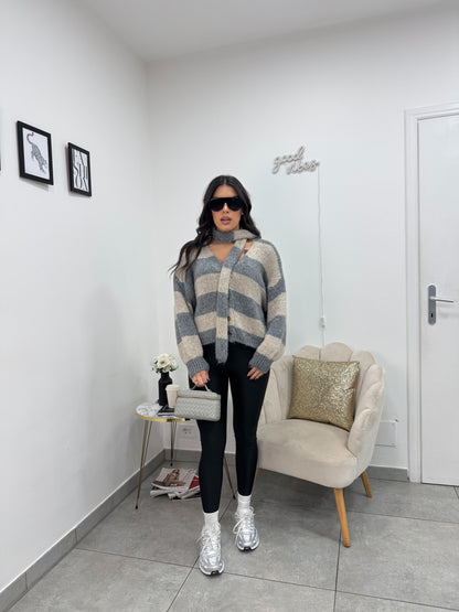 Cardigan Sciarpa Grigio Beige