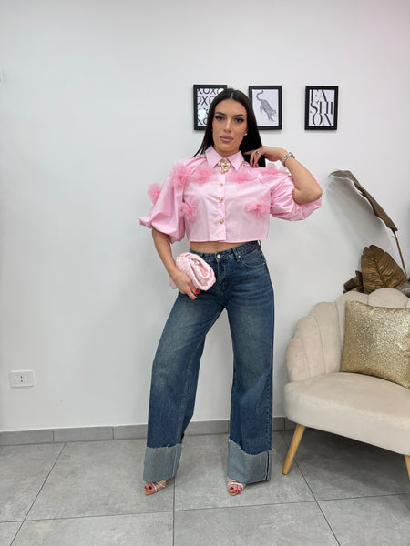 Camicia Crop Flowers Rosa
