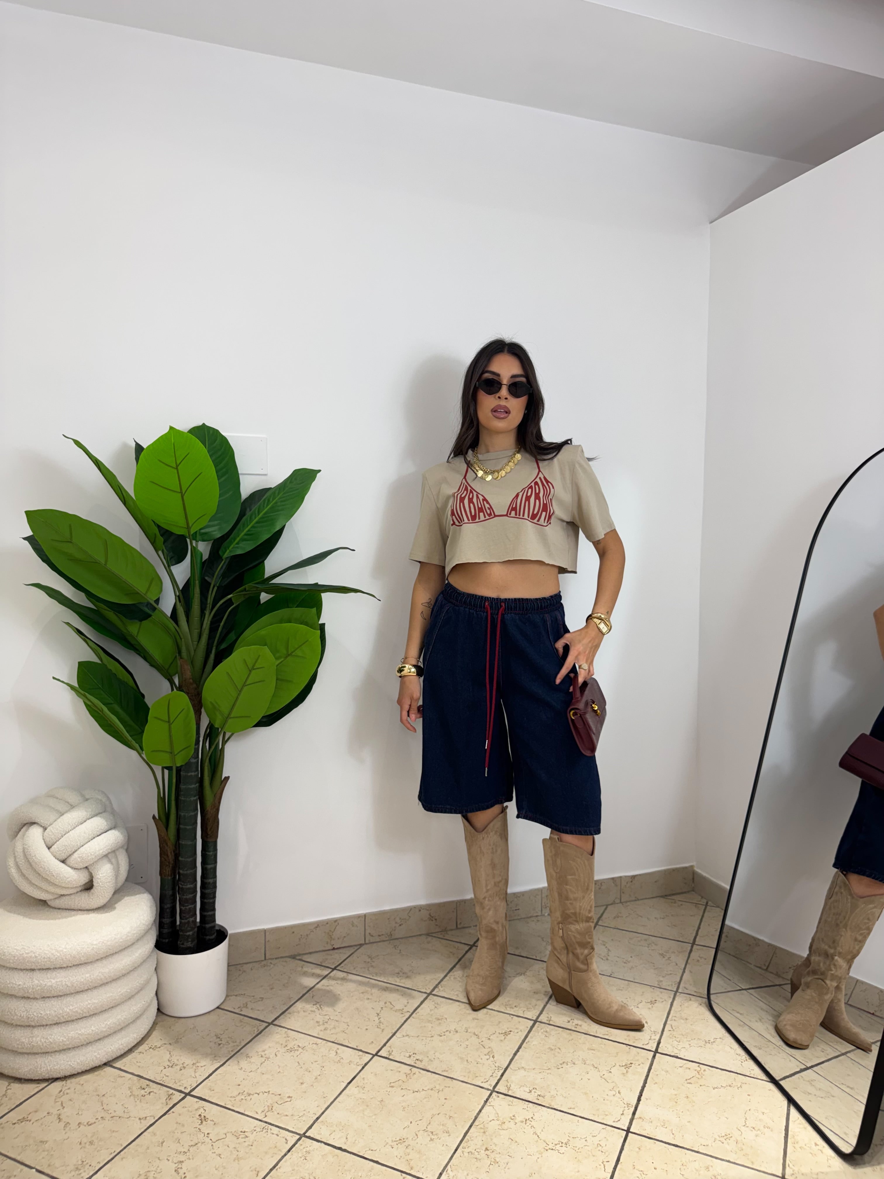 T-shirt Crop AirBag Beige/Rossa