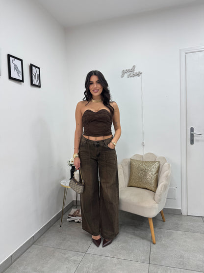 Crop Top Stringato Marrone