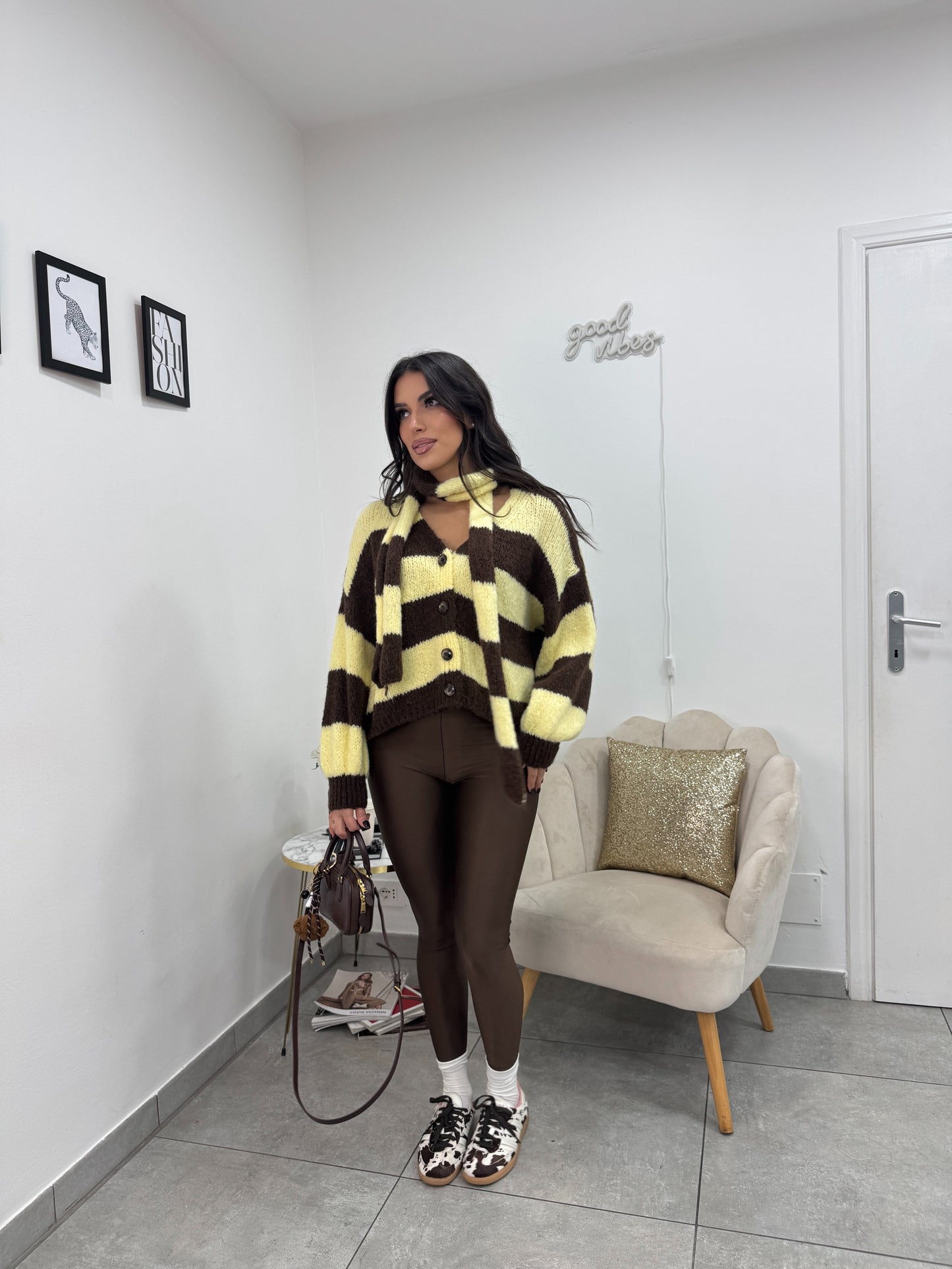 Cardigan Sciarpa Marrone Giallo