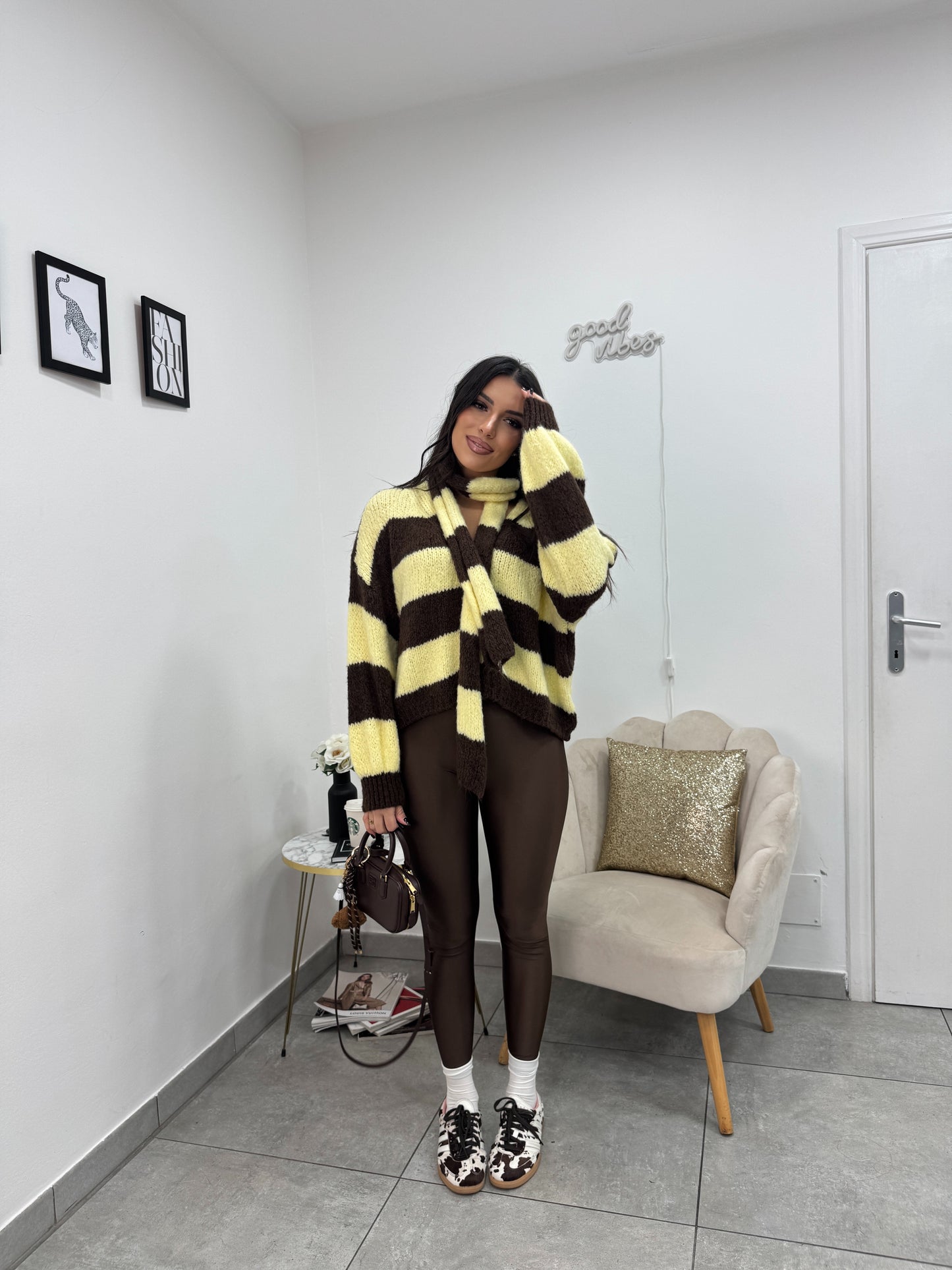 Cardigan Sciarpa Marrone Giallo