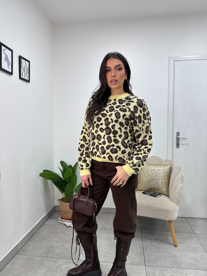 Pullover Leopard Giallo/Marrone