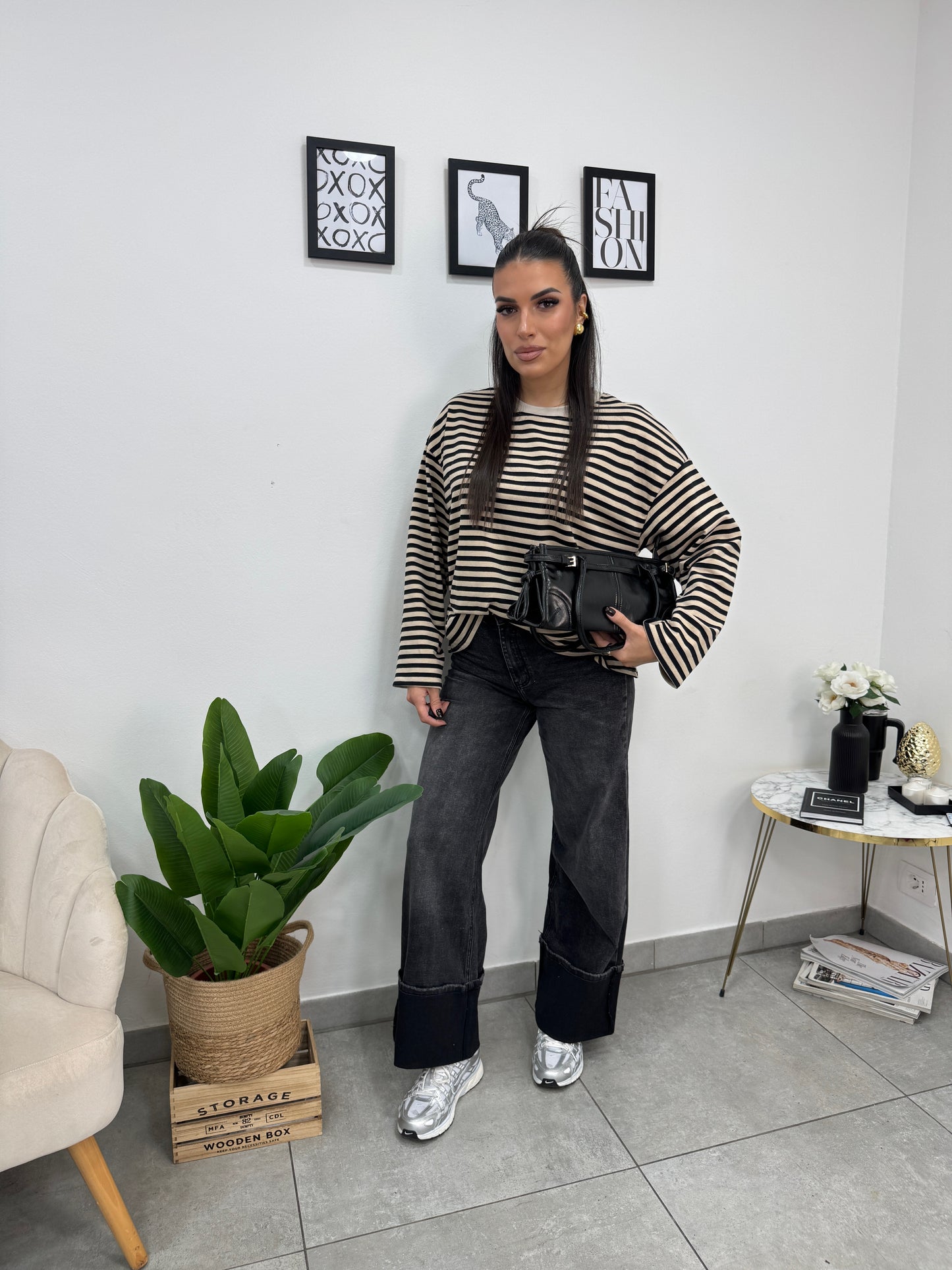 Maglia Righe Beige Nero